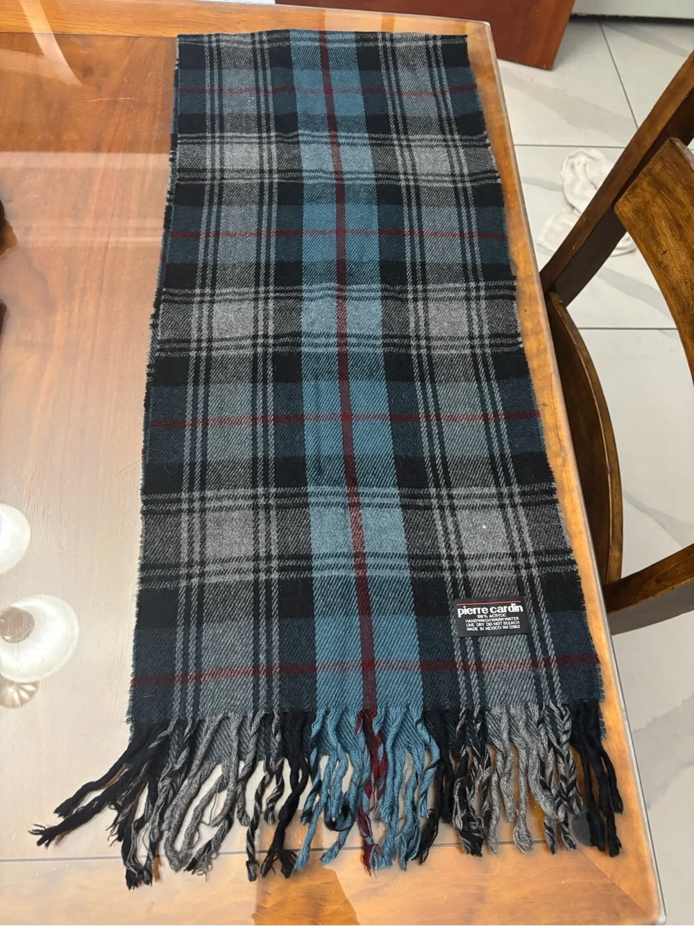 Authentic Pierre Cardin Black, Blue & Gray Plaid Scarf with Burgundy Accents